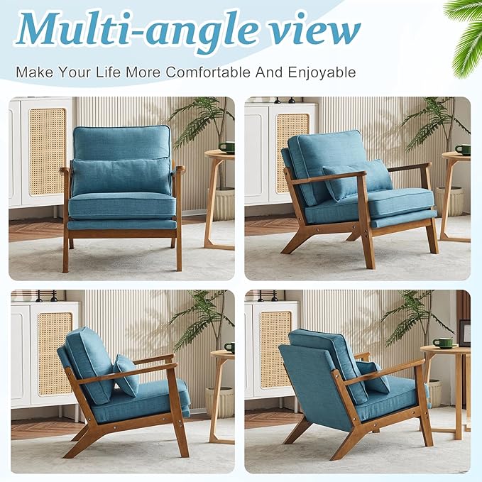 VINGLI Solid Wood Wide Armrests Accent Chair Set of 2,Upholstered Mid Century Modern Chair with Pillow,Comfy Reading Chair,Chairs Living Room,Bedroom,Guest Room,Linen Fabric,Navy Blue