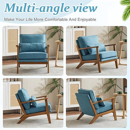 VINGLI Solid Wood Wide Armrests Accent Chair Set of 2,Upholstered Mid Century Modern Chair with Pillow,Comfy Reading Chair,Chairs Living Room,Bedroom,Guest Room,Linen Fabric,Navy Blue
