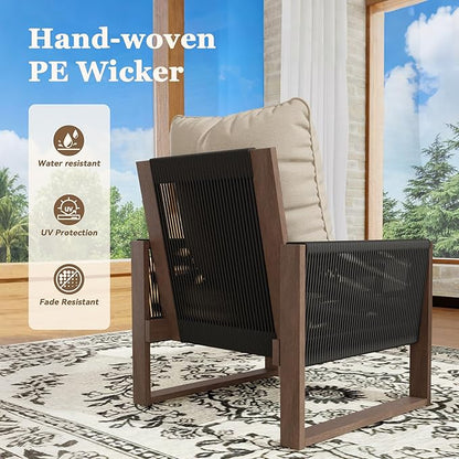 4 Piece Patio Furniture Set, Wooden Outdoor Furniture Conversation Set with Coffee Table, Modern PE Wicker Patio Chairs Conversation Sets with Sofa for Garden, Terrace, Porch, Balconies, Lawns