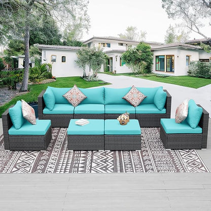 NICESOUL 8 People Outdoor Seating Furniture, 29.3'' High Back Comfortable Wicker Patio Sectional Sofas with Ottoman, Deep Seats Oversized Conversations for Exteriors, 2 Color Cushion Turquoise & Gray