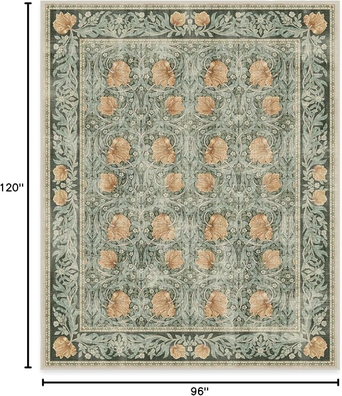 RUGGABLE x Morris & Co Washable Area Rug– Pimpernel Vintage Green 8x10, Stain-Resistant, Non-Slip – Large Machine Washable Rugs for Living Room, Bedroom, Hallway, Entryway & Office–with Cushioned Pad