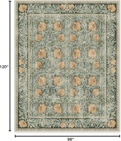 RUGGABLE x Morris & Co Washable Area Rug– Pimpernel Vintage Green 8x10, Stain-Resistant, Non-Slip – Large Machine Washable Rugs for Living Room, Bedroom, Hallway, Entryway & Office–with Cushioned Pad