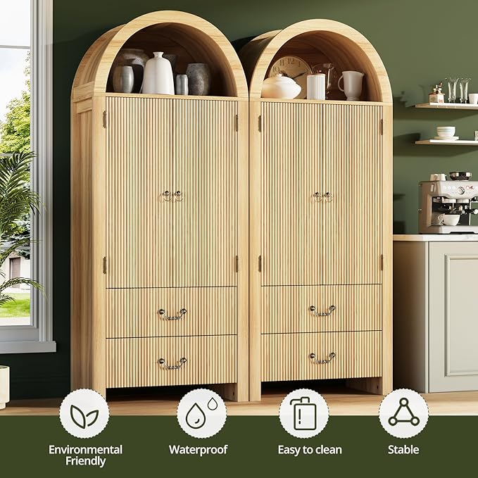 FURSUN 71" Tall Fluted Arched Bookshelf with Doors, Wood Pantry Storage Cabinet with 2 Large Drawers, Modern Versatile Bookcase for Living Room, Kitchen, Dining, Natural Oak