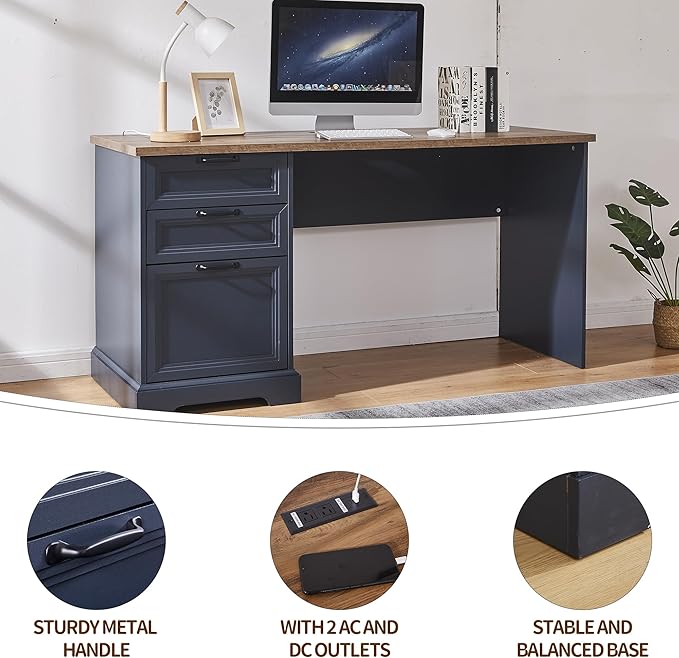 60" L-Shaped Executive Desk with 40" File Cabinet,Farmhouse Home Office Desk with Charging Station,Wood Computer Desk Set for Office Work,Home Study (Blue)