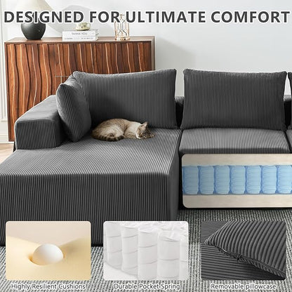 109" Cloud Sectional Couch, Boneless Couches for Living Room, Modular Sectional Sofa with Deep Seat, L-Shape Couch with Chaise, Comfy Corduroy Fluffy Modern Modular Sofa, No Assembly Required,DarkGrey