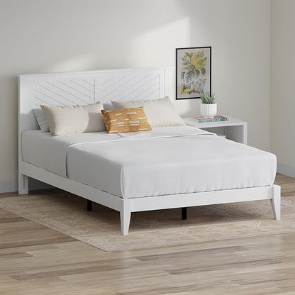 Serene Farmhouse Style Wood Bed in Queen Size with Chevron Scoring Headboard, Coastal Modern Design, Sturdy, Easy Assembly, Ample Underbed Storage, White Finish