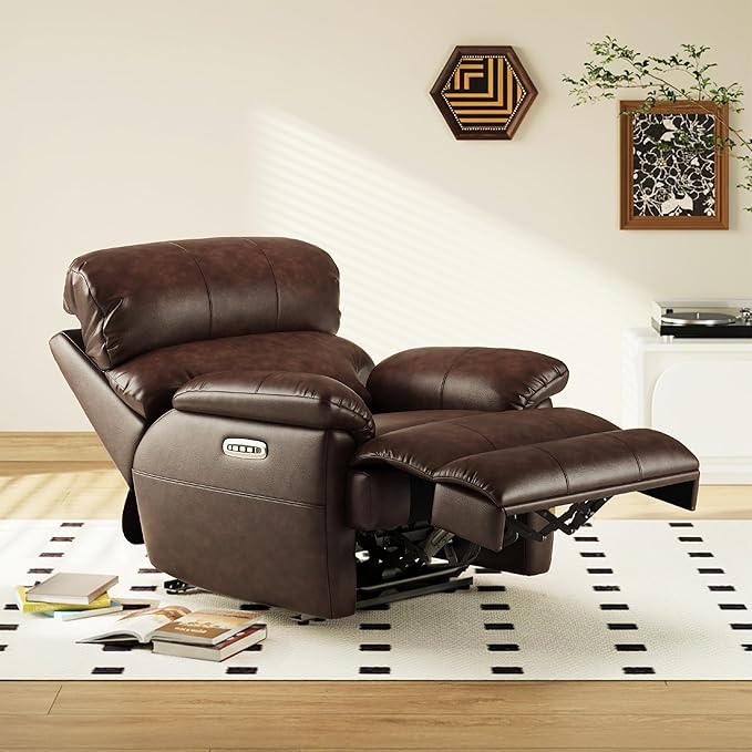 COLAMY Triple Motors Power Recliner Chair with Power Headrest & Lumbar Support Independent Adjustment for Living Room, Leather Electric Recliner Sofa Chair, Dark Brown