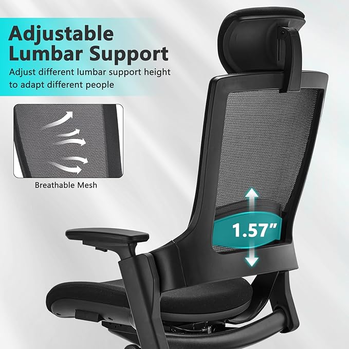 CLATINA Ergonomic High Swivel Executive Chair with Adjustable Height Head 3D Arm Rest Lumbar Support and Upholstered Back for Home Office Black Mesh 2 Pack