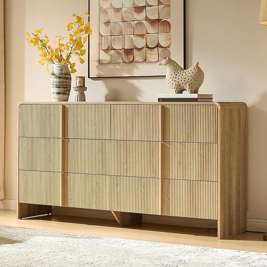 AMERLIFE 63" Fluted 6 Drawer Dresser, Long Modern Chest of Storage Drawers with Pine Handles, Rounded Corners & Anti-Tip Design, Wood Closet Organizer for Bedroom, Living Room, Nursery, Natural Oak