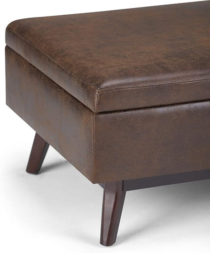 SIMPLIHOME Owen 34 inch Wide Mid Century Modern Rectangle Coffee Table Storage Ottoman in Distressed Chestnut Brown Vegan Faux Leather, Assembled, For the Living Room, Entryway and Family Room