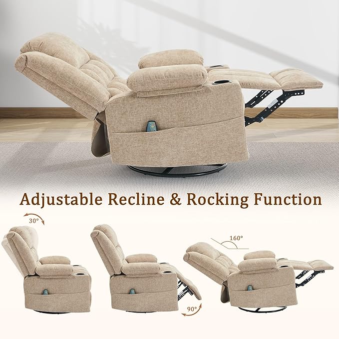 360° Rotating Adult Rocking Recliner, Baby Room Glider with Massage and Heating Functions, Rocking Chair with Cup Holder, Manual Recliner for Living and Bedroom (Fabric, Khaki)