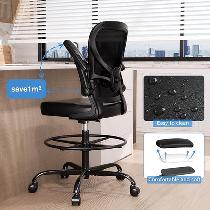 Alolo Drafting Chair,Ergonomic Tall Office Chair with Foot Rest Ring,Executive Leather Office Chair for Counter Height and Standing Desk with Lumbar Support and Flip-up Armrests for Home Office,PU.