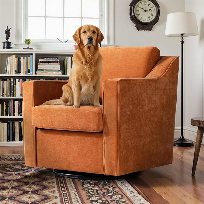 Pia Ricco 360° Swivel Accent Chair, Plush Oversized Chenille Fabric Armchair with Removable Cover for Living Room and Reception,Orange
