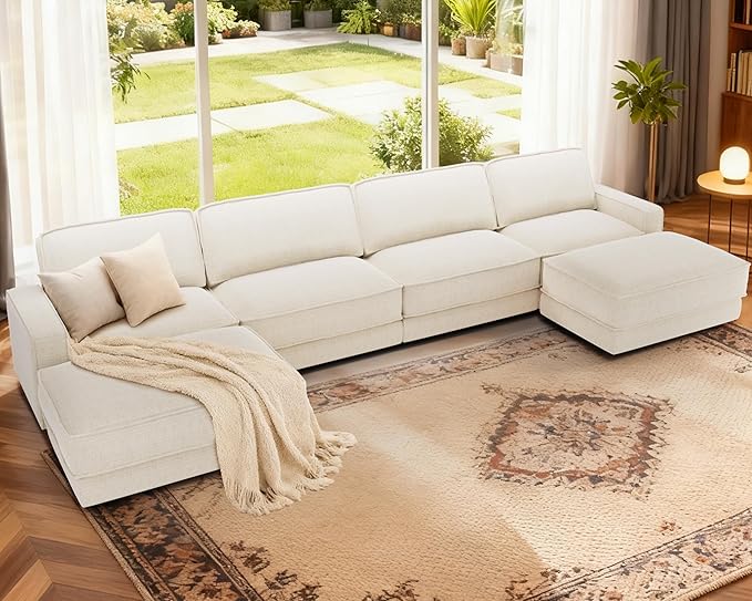 Sunny Heart 160" U-Shaped Modular Sectional Sofa, Oversized Cloud Couch with Movable Ottoman, 6-Seat Chenille Deep Seat Sofa with Pillow, Sectional Couches for Living Room, Apartment, Beige
