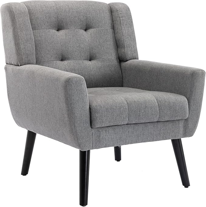 Dolonm Midcentury Modern Accent Chair with Arms, Upholstered Fabric Reading Side Chair Tufted Back Decorative Wingback Chair for Living Room Bedroom (Light Grey)