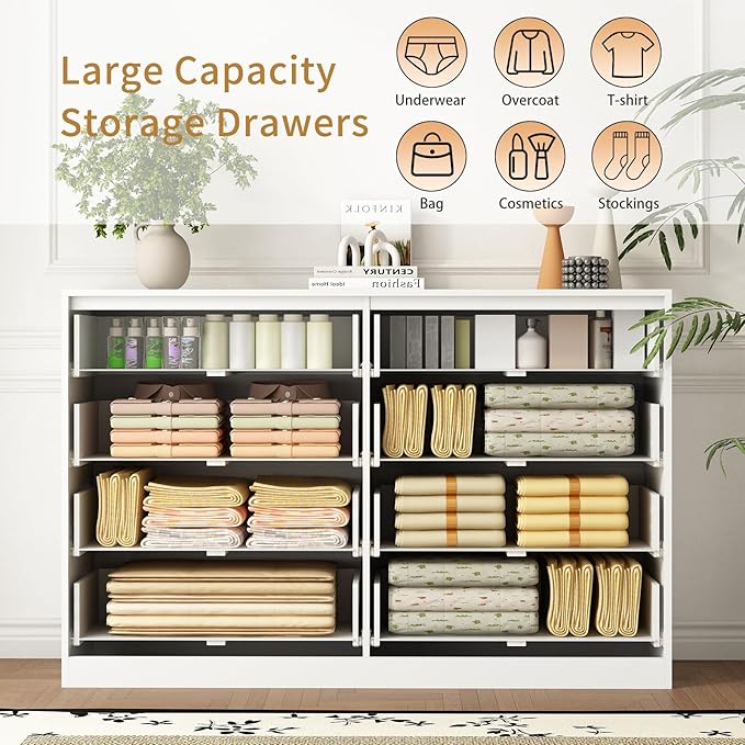 3-Piece Modern Bedroom Furniture Set, Wide 8-Drawer Dresser & 2-Drawer Nightstands Set of 2, Natural Wood Dresser and Nightstand Sets for Bedroom, Hallway, White