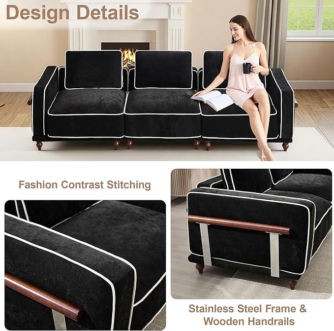 112" Cloud Modular Sectional Sofa,Oversized Deep 3 Seater Couch with Armrests Wooden Legs,Comfy Thicked Cushion Upholstered Sofa for Living Room Bedroom,Black