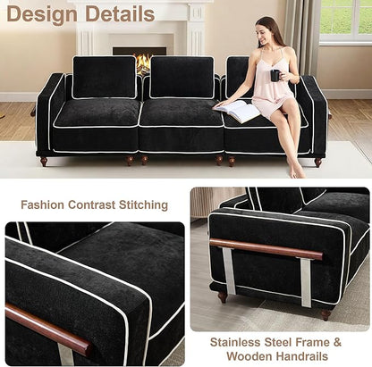 112" Cloud Modular Sectional Sofa,Oversized Deep 3 Seater Couch with Armrests Wooden Legs,Comfy Thicked Cushion Upholstered Sofa for Living Room Bedroom,Black