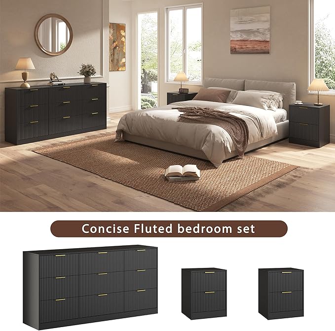 3-Piece Modern Bedroom Furniture Set, Wide 9-Drawer Dresser & 2-Drawer Nightstands Set of 2, Natural Wood Dresser and Nightstand Sets for Bedroom, Hallway, Black