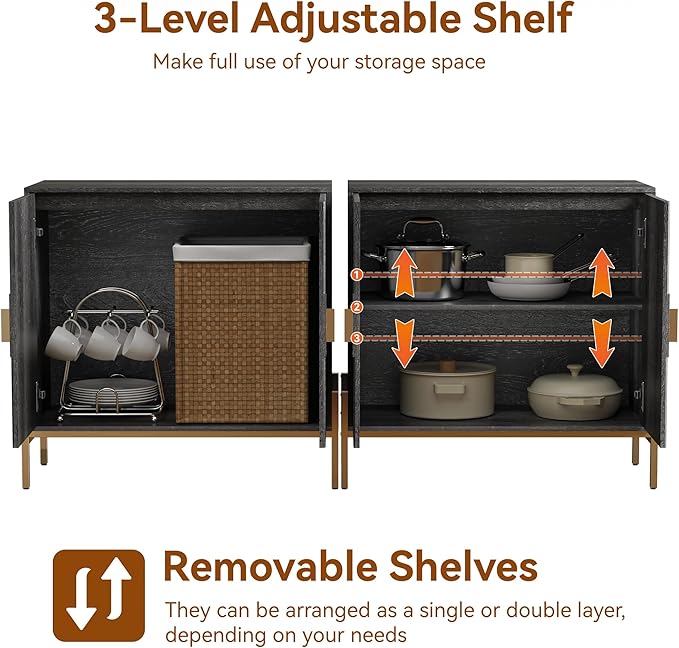 Fluted Sideboard Buffet Cabinet, Modern Credenza with Metal Gold Legs, Wood Accent Sideboard with Storage for Living Room, Dining Room, Kitchen, Entryway(Darkgrey)