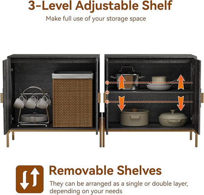 Fluted Sideboard Buffet Cabinet, Modern Credenza with Metal Gold Legs, Wood Accent Sideboard with Storage for Living Room, Dining Room, Kitchen, Entryway(Darkgrey)