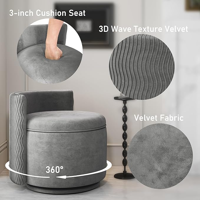 360° Swivel Accent Chair with Storage, Vanity Stool with Back, Velvet Storage Ottoman, Upholstered Round Barrel Vanity Chair for Living Room, Makeup Room, Bedroom (Gray)