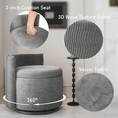 360° Swivel Accent Chair with Storage, Vanity Stool with Back, Velvet Storage Ottoman, Upholstered Round Barrel Vanity Chair for Living Room, Makeup Room, Bedroom (Gray)