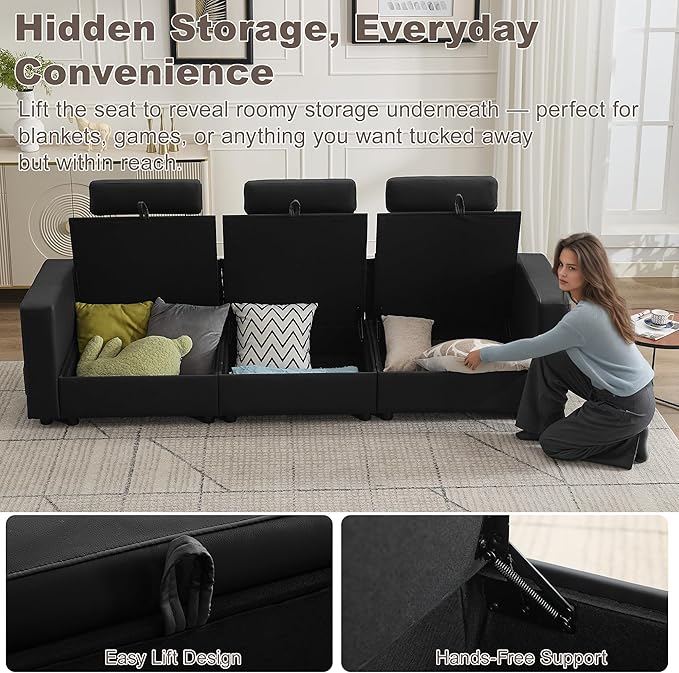 98.2" Oversized 3 Seater Storage Couch, Faux Leather Modular Sectional Sofa with Headrest & Side Pockets, Cloud Upholstered Couches Deep Seat, Sofas for Living Room Apartment Small Spaces, Black