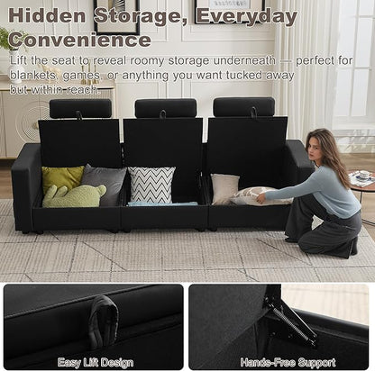 98.2" Oversized 3 Seater Storage Couch, Faux Leather Modular Sectional Sofa with Headrest & Side Pockets, Cloud Upholstered Couches Deep Seat, Sofas for Living Room Apartment Small Spaces, Black