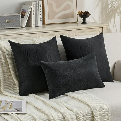 FUTEI Black Chenille Throw Pillow Covers 12x20 Inch Set of 2,Soft Wide Chevron Textured Lumbar Pillow Cases,Farmhouse Home Decor for Couch Bed Living Room