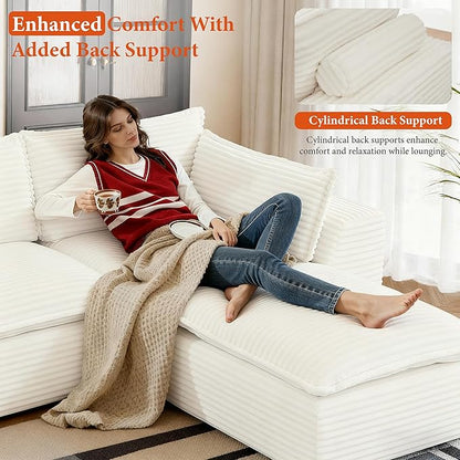 108" Sectional Couches for Living Room Boneless Couch Upholstered Cloud Couch Sectional Modular Sectional Sofa with L Shaped (Corduroy-White, 3 Seat+1 Ottoman)
