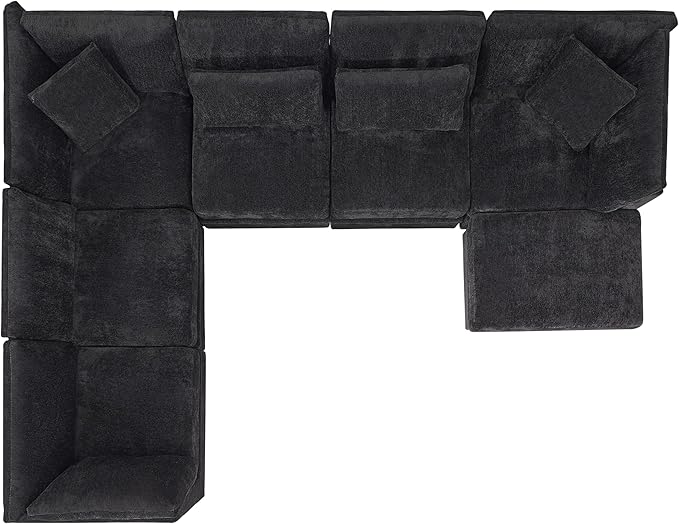 Christopher Knight Home Zery 7-Piece U-Shape Lounge Sofa Couch with Ottomans, Modern Modular Sectional Sofa Set with Pillow Back for Living Room, Chenille Upholstered Cloud Couch with Deep Seat,Black
