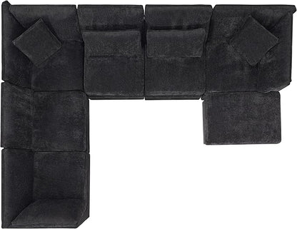 Christopher Knight Home Zery 7-Piece U-Shape Lounge Sofa Couch with Ottomans, Modern Modular Sectional Sofa Set with Pillow Back for Living Room, Chenille Upholstered Cloud Couch with Deep Seat,Black