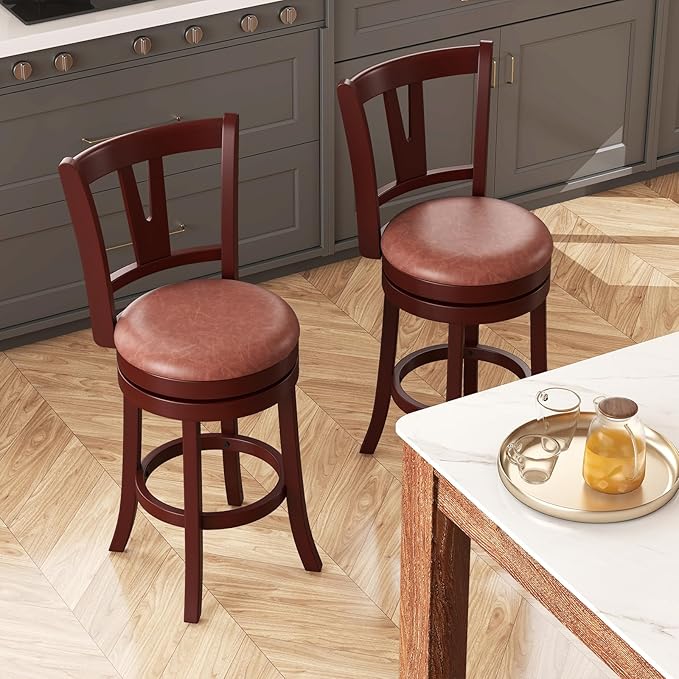 COSTWAY Barstools Set of 2, Faux Leather Upholstered Bar Stools with High Backs and Footrests, Armless Kitchen Island Dining Chairs with Solid Wood Legs, Cappuccino (2, 26'' Seat Height)