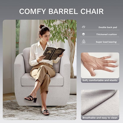COLAMY Swivel Accent Chair, Round Upholstered Swivel Barrel Armchair Metal Base Fabric Chair Modern No Assembly Sofa Chair for Living Room Bedroom Reading Apartment Nursery, Beige(2pc)