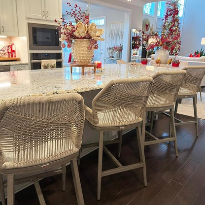 PURPLE LEAF 2 Pieces Counter Height Bar Stools Patio Boho Rattan Barstools Aluminum Woven Bar Chairs with Cushions for Outdoor Kitchen Island Garden
