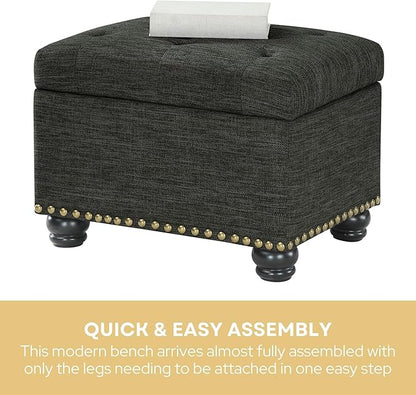 Convenience Concepts Designs4Comfort 5th Avenue Upholstered Storage Ottoman 24" - Contemporary Foot Stool and Seat with Hinged Lid for Living Room, Dining Room, Office, Den, Dark Charcoal Gray Fabric