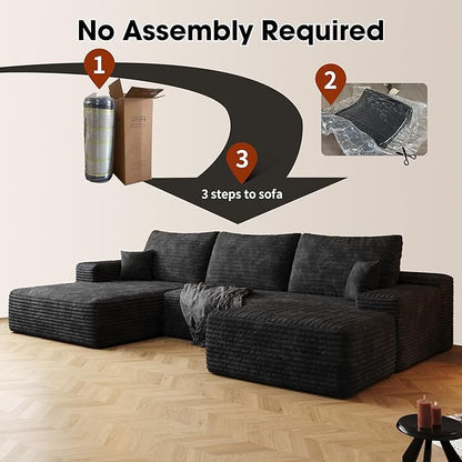 108" Sectional Couches for Living Room Modern Modular Sofa with L-Shape Couchs Upholstered Boneless Couch Deep Seat Sectional Couch with Chaise (Black, Left Facing Chaise+2Seaters+1Ottoman)