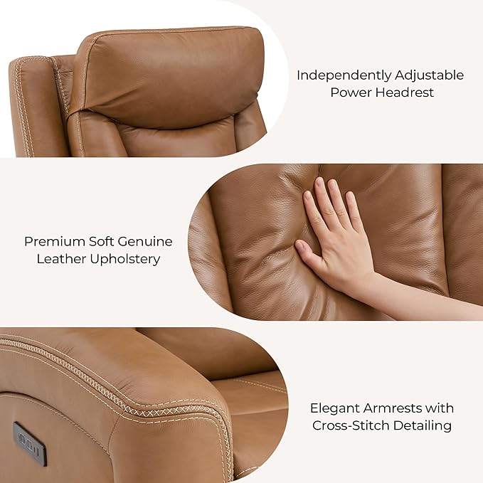 CHITA Genuine Leather Power Recliner Chair for Adults, Super Zero Gravity Recliner with Adjustable Power Headrest & USB/Type-C Ports, for Living Room, Bedroom & Home Theater, Saddle
