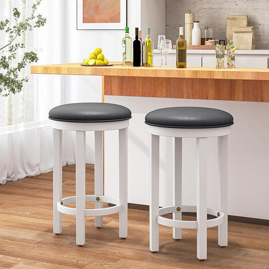 COSTWAY Upholstered Bar Stools Set of 4, 25” Counter Height Bar Chairs with Padded Cushion & Wooden Frame, Faux Leather Backless Stools for Kitchen, Dining Room, Pub, White + Grey