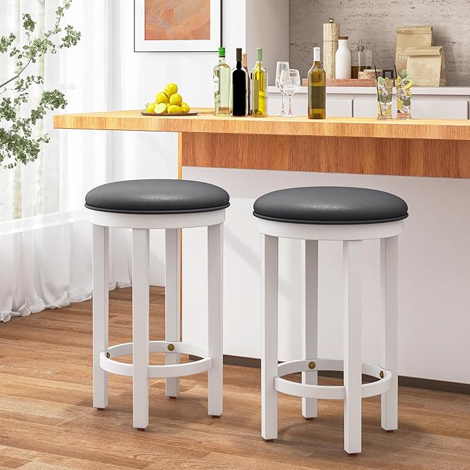 COSTWAY Upholstered Bar Stools Set of 2, 25” Counter Height Bar Chairs with Padded Cushion & Wooden Frame, Faux Leather Backless Stools for Kitchen, Dining Room, Pub, White + Grey