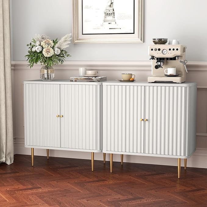 HLR Sideboard Buffet Cabinet with Fluted Texture, White Accent Cabinet with 2 Doors, Modern Credenza Storage for Kitchen Living Room, Entryway (White, 2Piece)