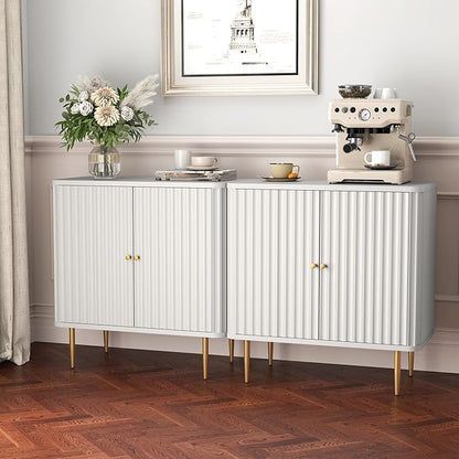 HLR Sideboard Buffet Cabinet with Fluted Texture, White Accent Cabinet with 2 Doors, Modern Credenza Storage for Kitchen Living Room, Entryway (White, 2Piece)