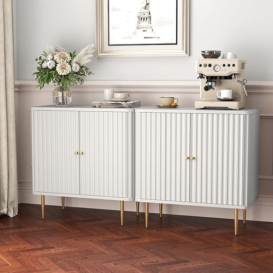 HLR Sideboard Buffet Cabinet with Fluted Texture, White Accent Cabinet with 2 Doors, Modern Credenza Storage for Kitchen Living Room, Entryway (White, 2Piece)