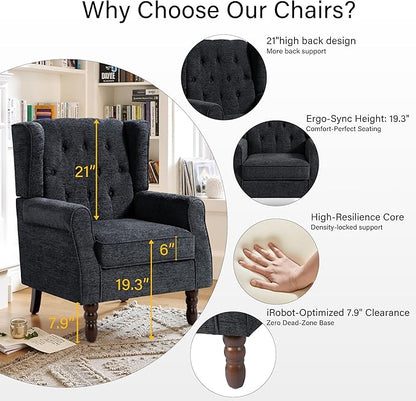 Lumibee High Back Accent Chair Set of 2,Upholstered Wingback Armchair with Solid Wood Legs for Small Spaces,Comfy Single Sofa Chair for Living Room,Bedroom,Office-Black Blue