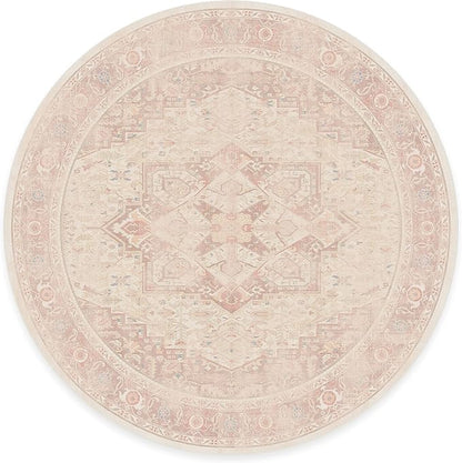 RUGGABLE Washable Area Rug – Kamran Soft Pink 8 ft Round, Stain-Resistant, Non-Slip – Large Machine Washable Rugs for Living Room, Bedroom, Hallway, Entryway & Office–with Standard Pad