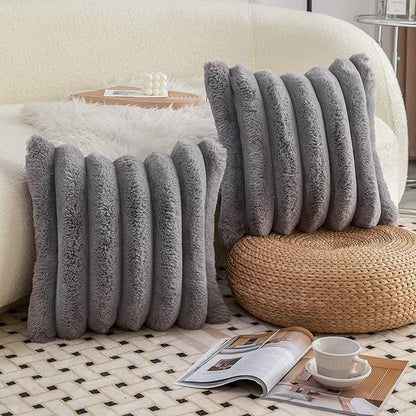 Neelvin Grey Faux Fur Cozy Soft Striped Decorative Throw Pillow Covers 18x18 inch Set of 2,Velvet Pillowcase Cushion Case for Sofa Couch
