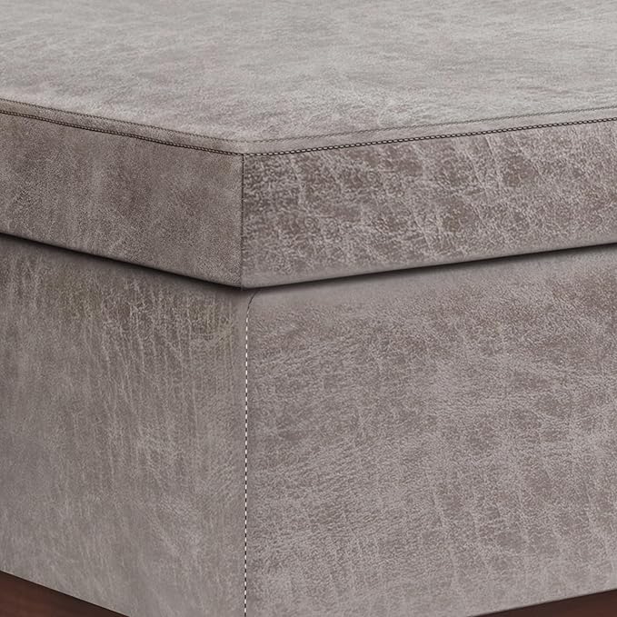SIMPLIHOME Owen 42 inch Wide Mid Century Modern Rectangle Lift Top Large Coffee Table Storage Ottoman in Distressed Grey Vegan Faux Leather, Assembled, for the Living Room, Entryway and Family Room