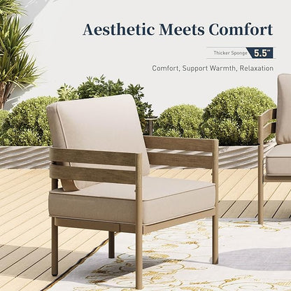 Metal Frame Patio Furniture Set, 5 Pieces Modern Outdoor Patio Furniture Set, Wood-Like Patio Seating with Coffee Table and 5" Cushion, Patio Conversation Set for Backyard Deck