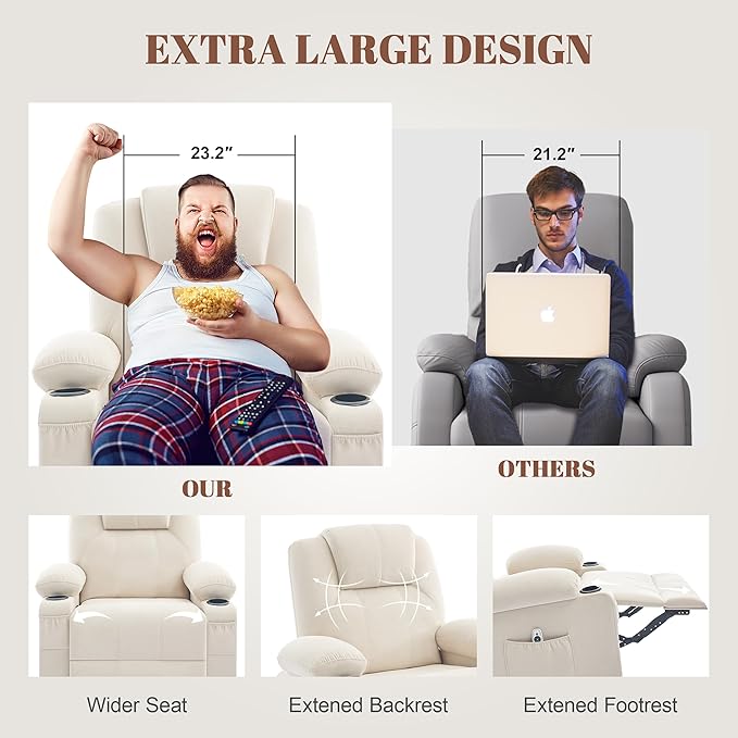 Oversized Swivel Rocker Recliner Sofa Chair with Heat and Massage, Large Big Recliner for Living Room,360 Degree Swivel Rocking Single Sofa with Cup Holders and USB Port(Fabric, Light Beige)